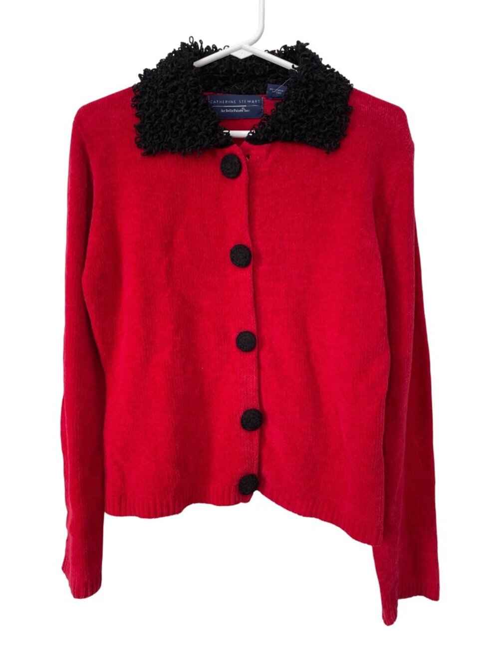 Catherine Stewart Cardigan Sweater Size Small Loop Collar Red Black Knitwear NEW